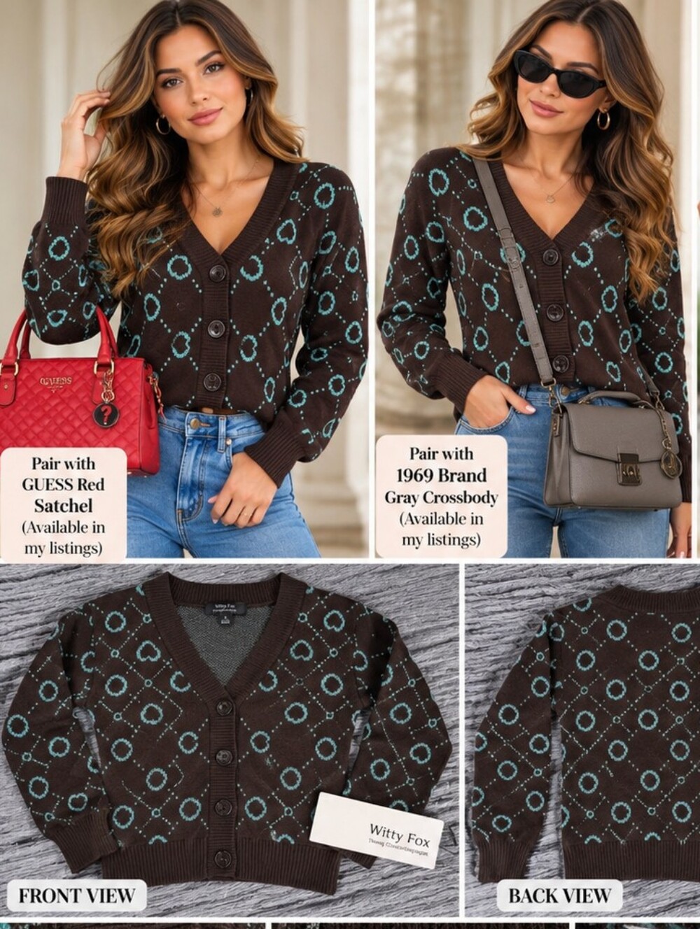 Witty Fox Brown & Turquoise Heart Print Cropped Cardigan Sweater Size S NWT